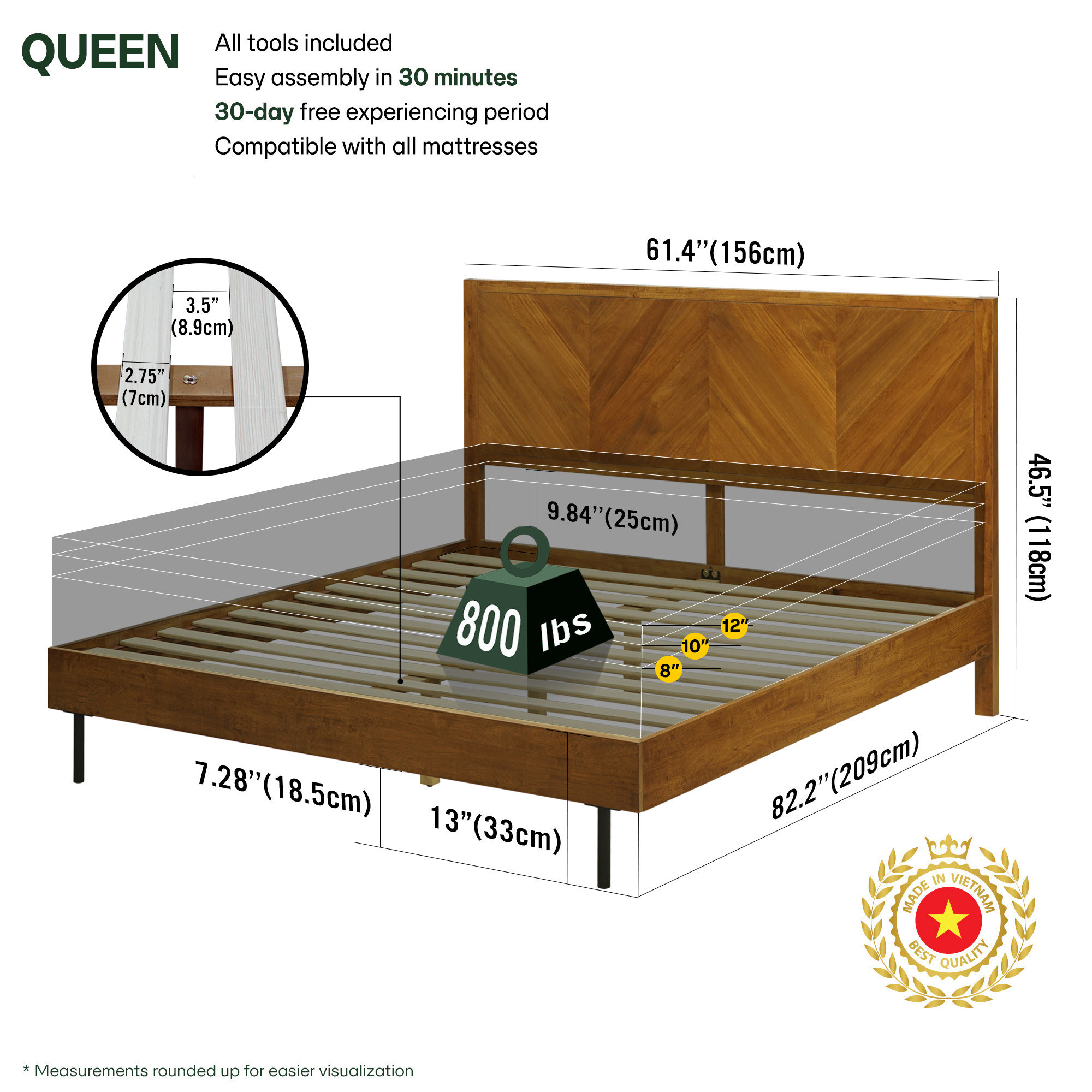 Acacia Solid Wood Bed Frame - Alander Deluxe Platform Bed
