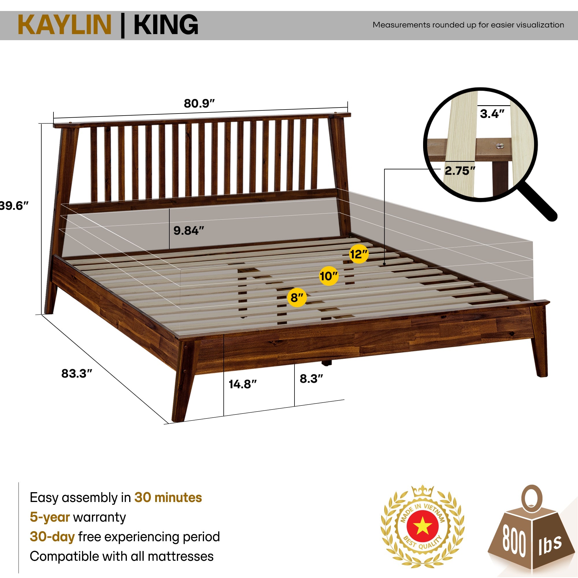 Acacia Kaylin Solid Wood Bed Frame for Durable Style and Comfort