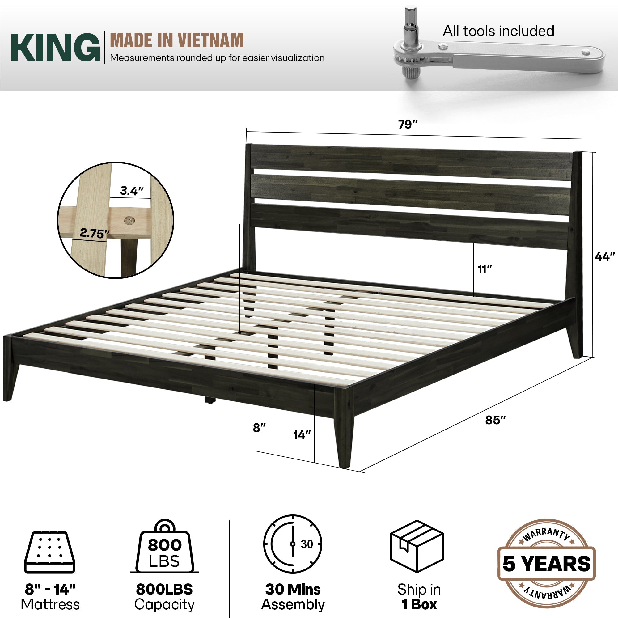 Acacia Emery Solid Wood Bed Frame - Stylish and Durable Acacia Wood Design for Your Bedroom
