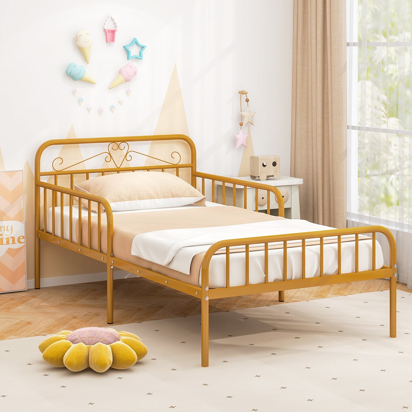 Twin Size Bed Frame with Headboard and Safety Side Guardrails-Gold