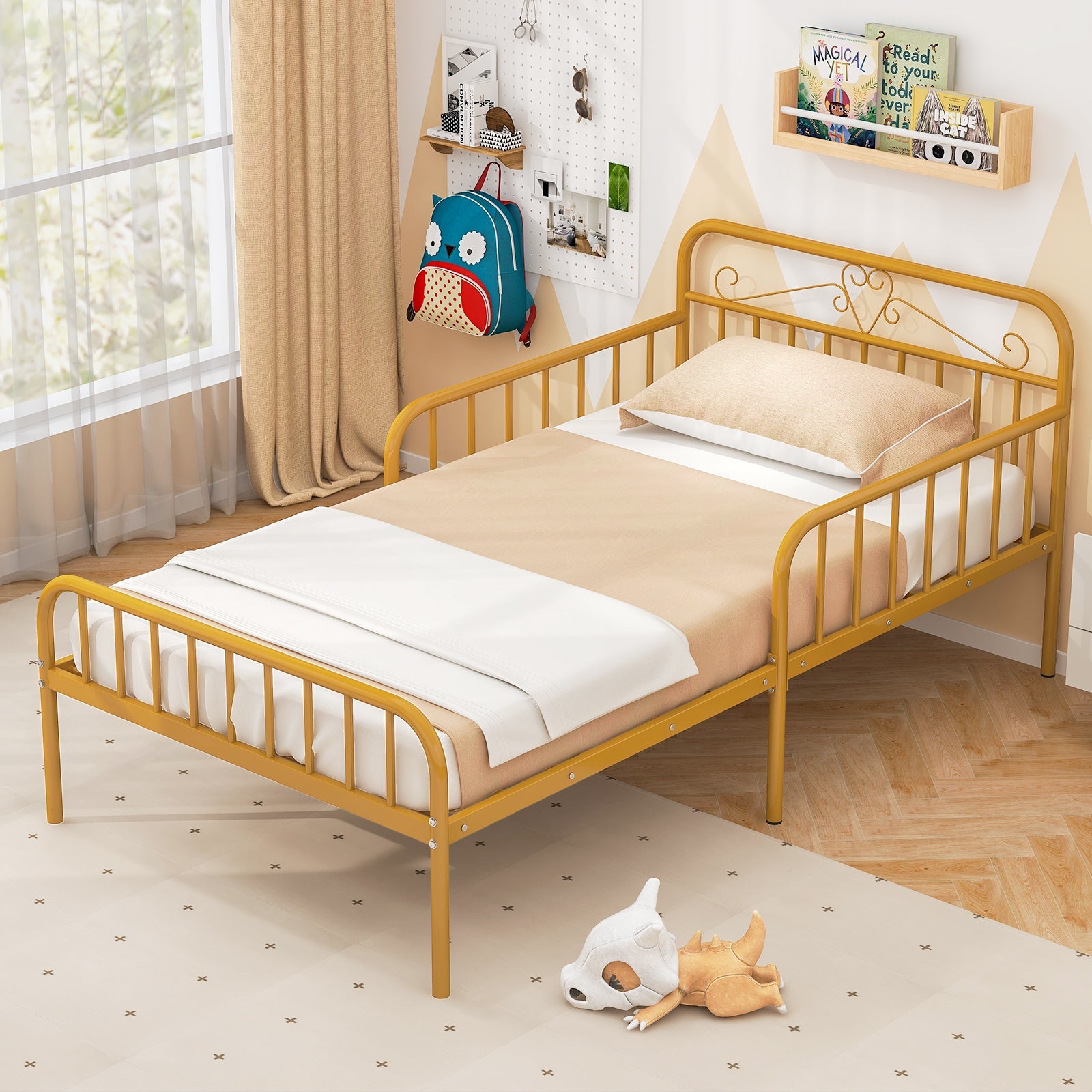 Twin Size Bed Frame with Headboard and Safety Side Guardrails-Gold